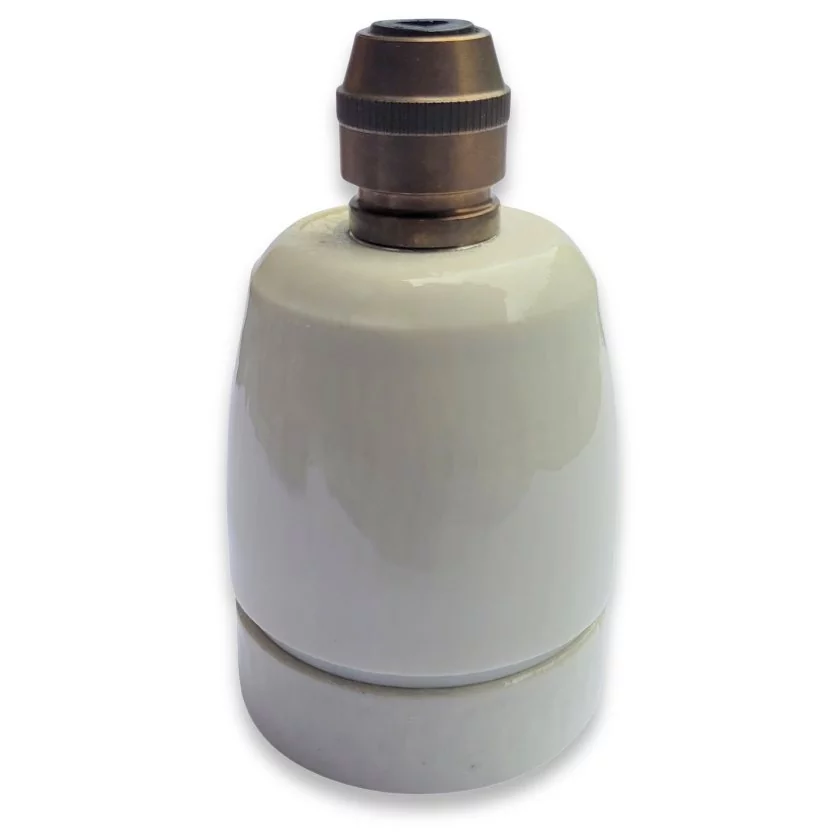 Keramik-Fassung für Leuchtmittel Farbe weiss mit Klemmnippel altmessing Keramik-Fassung für Leuchtmittel Farbe weiss mit Klemmnippel altmessing